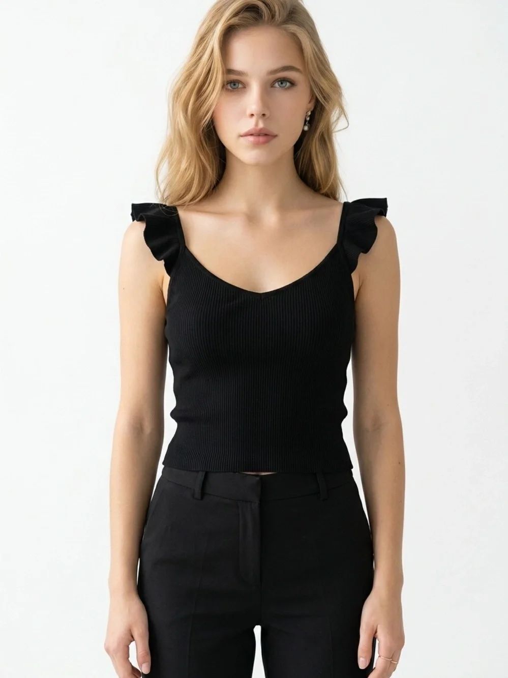 CHARLOTTE AVERY | Black Ruffle-Strap Ribbed V-Neck Tank Top Women’s Size Large